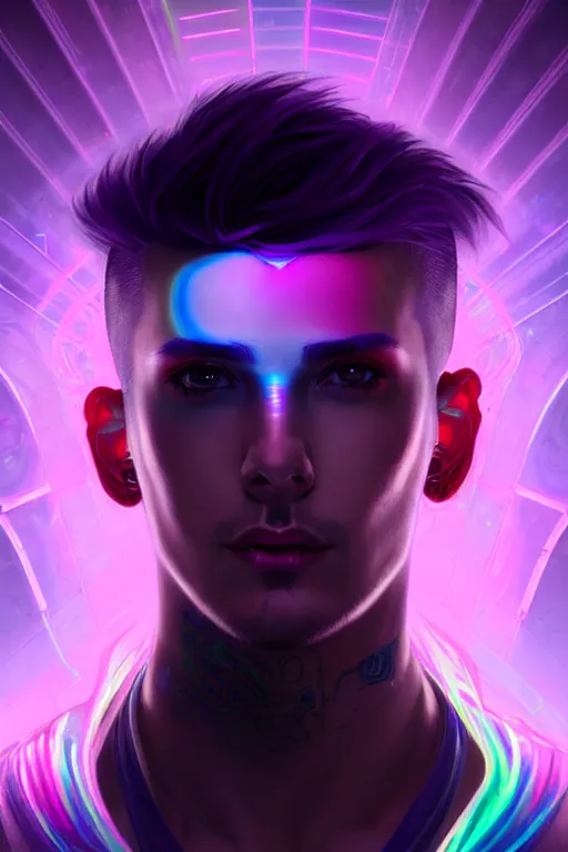 Image similar to portrait of a beautiful young fit cyberpunk man, rainbow futuristic hairs, digital tatoos, holographic clothes, psichedelic, by greg rutkowski and alphonse mucha, d & d character, gradient purple to silver, in front of a futuristic background, highly detailed portrait, digital painting, artstation, concept art, smooth, sharp focus ilustration, artstation hq