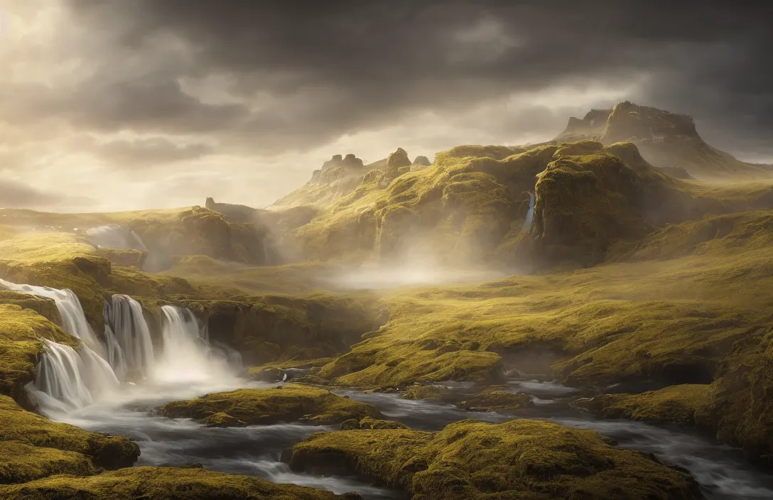 Prompt: a huge arc far away in a hyperreal mattepainting icelandic landscape, detailed dreamscape, hyperreal phantastic, intricate details in environment, golden ratio, high aestehtic, waterfall cascades, cinematic light dramatic light, lightrays, flying birds in distance, trending on artstation