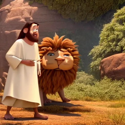 Image similar to Man in Biblical clothing in the middle of a den of ferocious lions as seen in Disney Pixar's Up (2009)