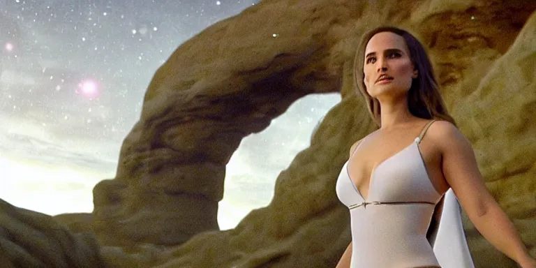 Image similar to film still of curvy natalie portman, focus on facial - detail!!!!!!, walking on an invisible bridge, similar to the bifrost, toward an endless abyss in space, wearing a white flowy bikini inspired by ancient roman clothing, beautiful astronomical background with galaxies and nebulas, lack of sunlight, 8 k resolution, cinematic lighting, anatomically correct, by christopher nolan