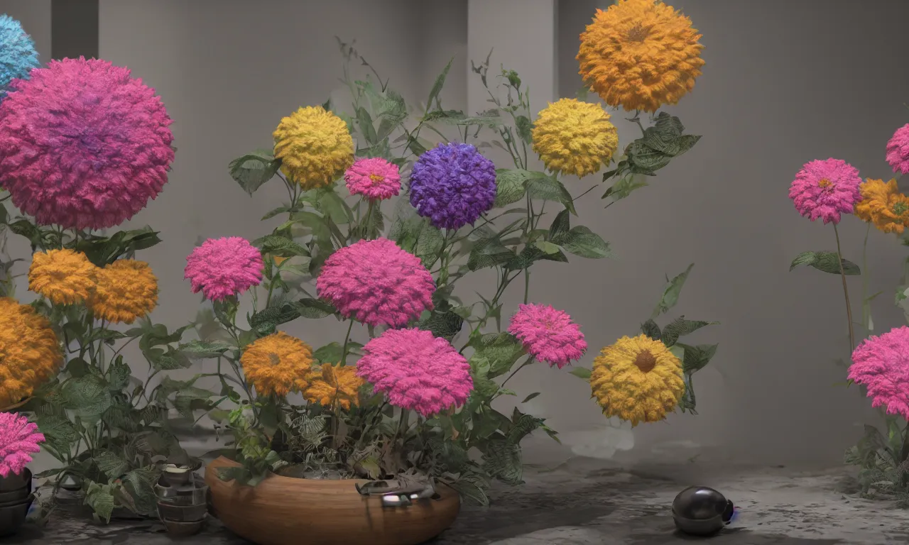 Image similar to hazy punk flowers diorama fused into epoxide, high specular detail, raytracing, translucency, raymarching, image from new movie by digital domain and weta digital, strong ambient occlusion