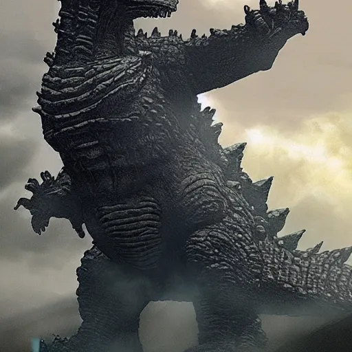 Prompt: Godzilla in the style of Shadow of the Colossus