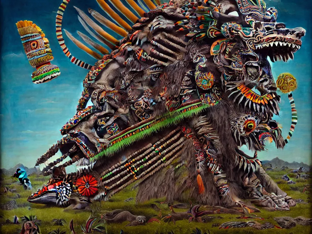 Image similar to highly detailed photo of huitzilopochtli, cipactli, tezcatlipoca, itzlacoliuhqui - ixquimilli, trending on deviantart, neo surrealism, sharp focus, a lot of little details, octane, masterpiece, art by max ernst