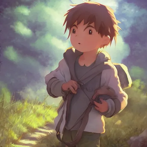 Prompt: Boy wandering with small creature on shoulder, made by Studio Ghibli, cinematic lighting, highly detailed art, beautiful scene, artstation trenidng, sharp focus, smooth, artgerm