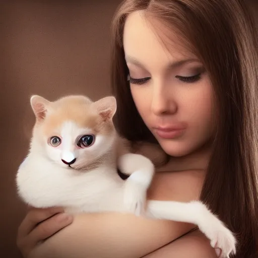 Prompt: Beautiful woman with long hair, breastfeeding an atomically correct Siamese kitten, aesthetic, photo realistic, detailed digital digital photography, First-Person, Full-HD, Natural Lighting, In the style of, Leonardo da Vinci - 10.16