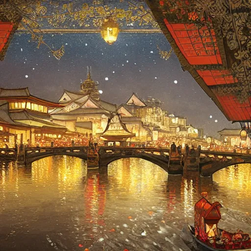 Image similar to view from the river of a beautiful painting of the lantern festival in a town resembling old kyoto and old town prague, at night with a sky full of stars, intricate, elegant, highly detailed, digital painting, artstation, concept art, by krenz cushart and artem demura and alphonse mucha