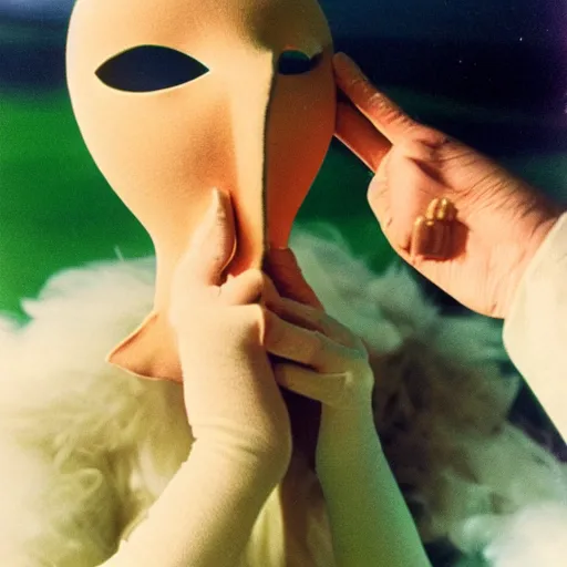 Image similar to 1970 woman wearing a mask with a long prosthetic nose long snout with nostril, prosthetic eyeballs, wearing a leotard on the hillside 1970 color archival footage color film 16mm holding a hand puppet Fellini Almodovar John Waters Russ Meyer Doris Wishman