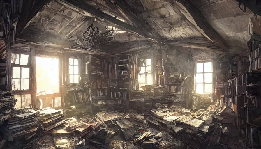 Prompt: Attic of a abandoned house with lot of cobwebs, old books and old wallets, hyperdetailed, artstation, cgsociety, 8k