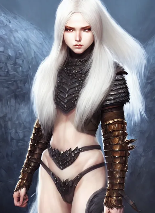 Image similar to barbarian, fur leather armor!!! beautiful and elegant white hair female!! gorgeous ayes!! character concept art, sharp focus, octane render! unreal engine 5! highly rendered!! trending on artstation!! detailed linework!! illustration by artgerm, wlop, and chie yoshii