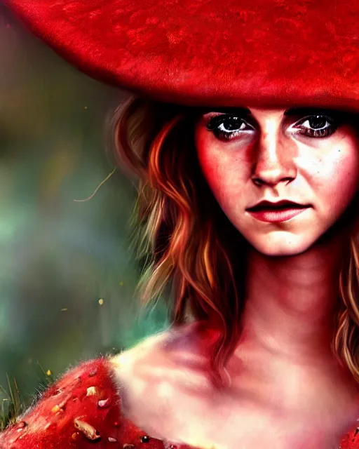 Image similar to highly detailed closeup, of emma watson, dressed in a red mushroom hat and clothes, full face view, on a battlefield, hyper realistic, psychedelic, illustration, digital paint, matte paint, vivid colors, detailed and intricate environment