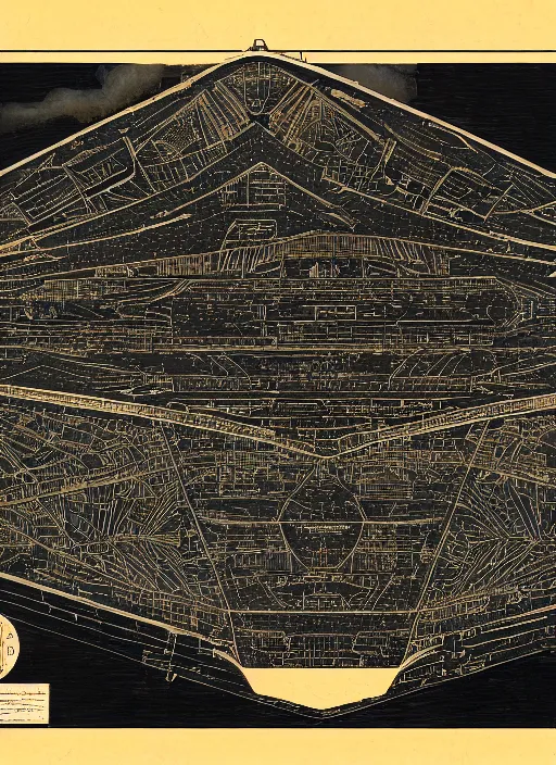 Prompt: detailed map of an imperial star destroyer, detailed, cartography, calligraphy, fine art, detailed, descriptive, directions, pictographs