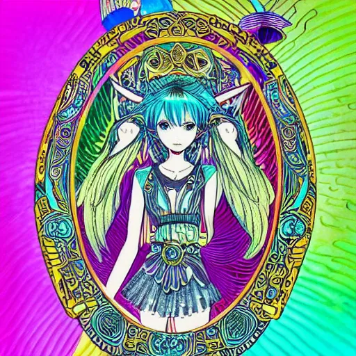 Prompt: hatsune miki, intricate, amazing line work, cosmic, psychedelic, cheerful, colorful, tarot cards, the devil tarot card
