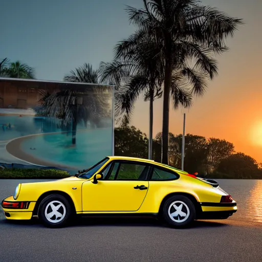 Image similar to a yellow 1 9 8 5 porsche 9 1 1 turbo driven half into a palm beach swimming pool, sunset, hyperreal, 4 k