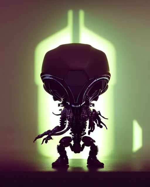 Image similar to highly detailed funko pop of xenomorph, stephen bliss, unreal engine, greg rutkowski, loish, rhads, beeple, makoto shinkai and lois van baarle, ilya kuvshinov, rossdraws, tom bagshaw, alphonse mucha, global illumination, god rays, detailed and intricate environment