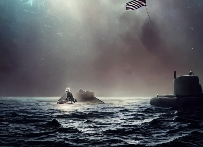 Image similar to astronaut holding a flag in an underwater desert. a submarine is visible in the distance. dark, concept art, cinematic, dramatic, atmospheric, 8 k, trending on artstation, blue, fish, low visibility, fog, ocean floor, christopher nolan, interstellar