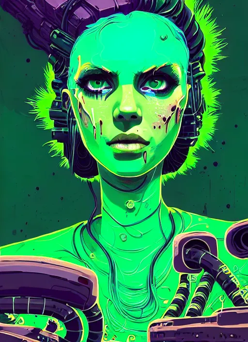 Image similar to highly detailed portrait of a lonely wasteland punk long dripping green poison hair tribal lady, stray neon green sludge hoses by atey ghailan, james gilleard, by joe fenton, by greg rutkowski, by greg tocchini, by kaethe butcher, 4 k resolution, gradient purple, brown black and white color scheme!!! ( ( green flaming robotic sewer background ) )