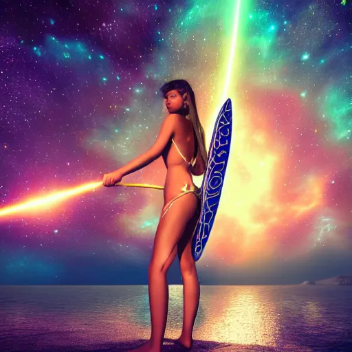 Image similar to bikini anime girl bioluminescent paddleboarding through deep space by highway man painting, stars, galaxies, photorealistic, high resolution, vray, hdr, hyper detailed, insane details, intricate, elite, ornate, elegant, luxury, dramatic lighting, octane render, weta digital, micro details, 3 d sculpture