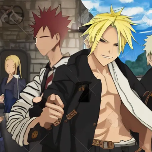 Image similar to young blonde boy fantasy thief in a tavern surrounded by a diverse group of friends, full metal alchemist, anime style