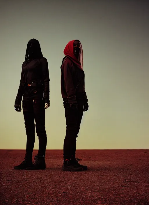 Image similar to cinestill 5 0 d 3 5 mm photographic portrait of two loving female androids wearing rugged black techwear on a desolate plain with a red sky, extreme closeup, lizard on ground, cyberpunk style, a brutalist dark metal facility in background, dust storm, 8 k, high resolution, f / 3. 2, ultra realistic faces