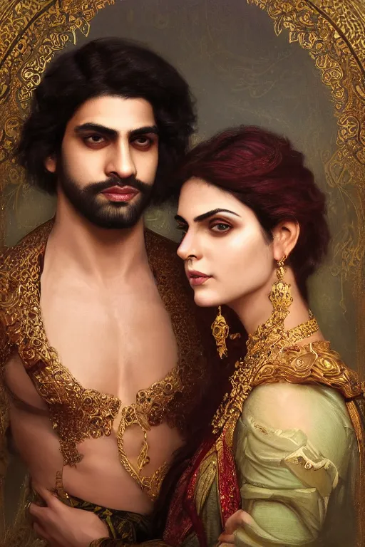 Image similar to a portrait of handsome young male indo-persian Satan and his elegant beautiful indo-persian wife, bored, illustration, dramatic lighting, soft details, painting oil on canvas, art nouveau, octane render, HDR, 4k, 8k, HD, by Edmund Blair Leighton, Brom, Charlie Bowater, trending on artstation, faces by Tom Bagshaw, Sargent