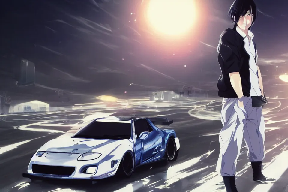 Image similar to aesthetic portrait illustration of ryosuke takahashi with black hair, dark blue shirt and white pants, standing by his white glossy mazda rx 7 on an empty highway at sunrise, cinematic lighting, initial d anime 1 0 8 0 p, 9 0 s anime aesthetic, volumetric lights, rule of thirds, unreal engine 5 render, pinterest wallpaper, trending on artstation