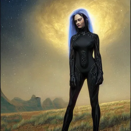 Image similar to pleiadian woman with big eyes and long silver hair wearing a dark body suit and holding a plasma gun as a realistic sci fi character, portrait art by donato giancola and greg rutkowski, digital art, trending on artstation, standing in a barren field