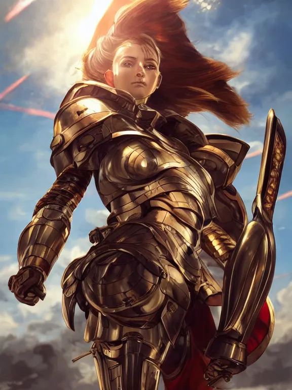 Image similar to picture of fully armored valkyrie, crimson plated, sword and shield, golden wings, divine vibes, light brown hair, white skin, shiny golden eyes, pretty, sky background, sharp focus, highly detailed, cinematic lighting, studio quality, smooth render, unreal engine 5 rendered, octane, rendered, by artgerm, greg rutkowski, alphonse mucha