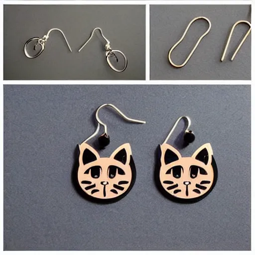 Image similar to 2d lasercut cat earrings, popular on artstation, popular on deviantart, popular on pinterest