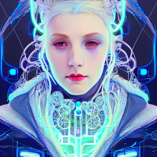 Image similar to high quality, high detailed portrait of a snow queen cyberpunk character in a futuristic world, hyperrealism, intricate details, cables, wires, connectors, led. alphonse mucha, pastel colors, vintage, artstation, vector. 8 k