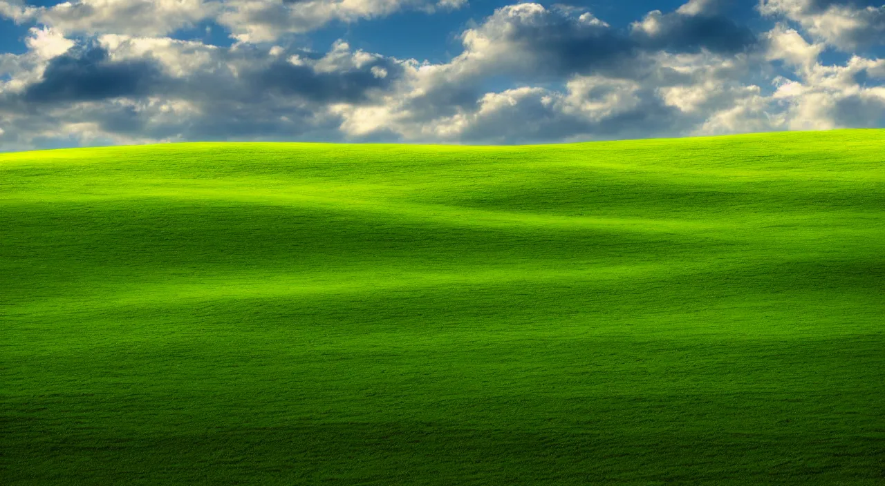 Prompt: bliss windows xp default wallpaper, but during the morning,