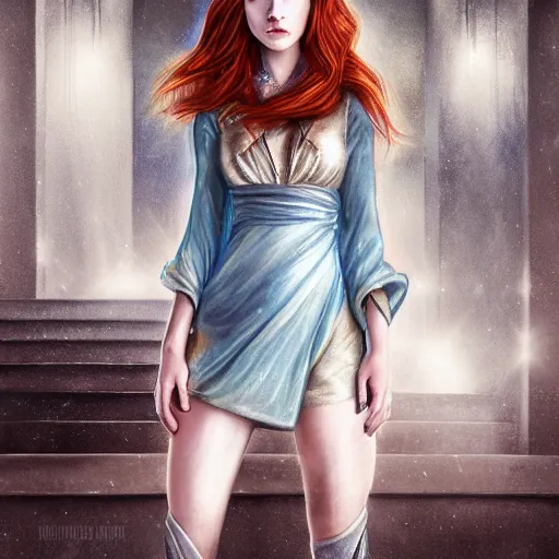 Prompt: maiden with copper hair, in blue and silver rustic wedding robes with metallic inlays, walking down a marble stairwell, realistic, mysterious lighting, muted colors, fog, highly detailed, digital painting, Artstation trending, illustration, artist style by deviantart artists skfuu and skunkyfly and nixeu, anime realism