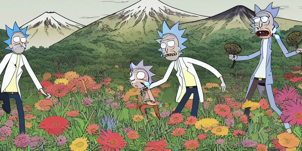 Image similar to Rick and Morty in a Field of mixed flowers, Mount Fuji blurred in the background, good news on Sunday, chinese ancient painting