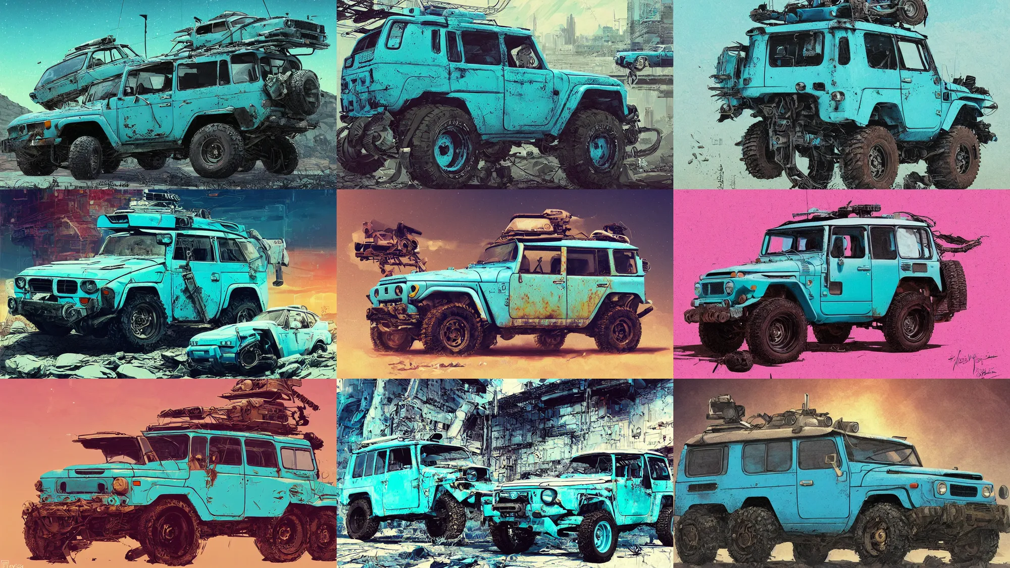 Image similar to digital illustration of a futuristic faded cyan mad max's fj 4 0 decrepit!!!! pursuit special, rusty!!! cyberpunk nissan fj cruiser heavily modded 1 9 9 0 s, the last v 8 interceptor by makoto shinkai, ilya kuvshinov, lois van baarle, rossdraws, basquiat