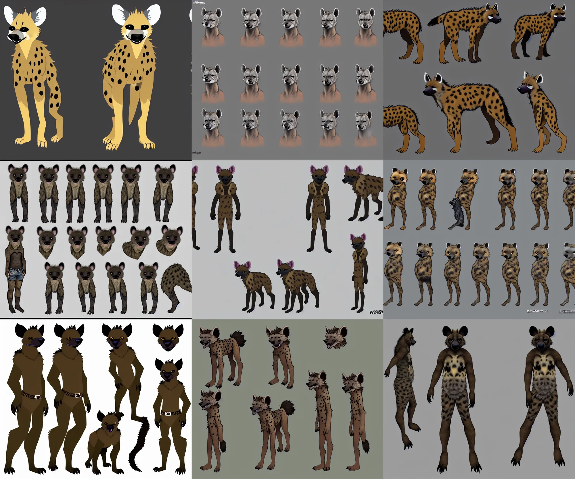 Image similar to a furry hyena fursona reference sheet, high - resolution, trending on weasyl