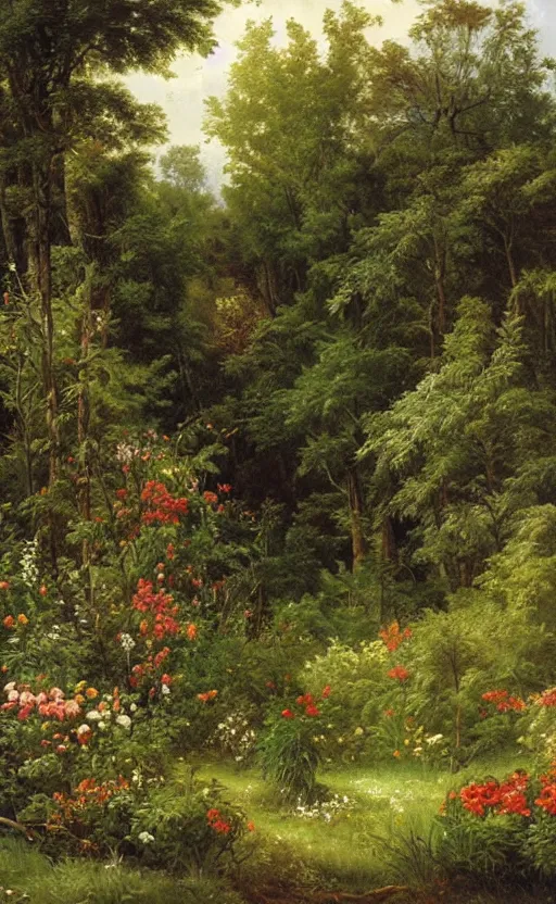 Image similar to artwork painting of a lush environment, flowers by grave by eugene von guerard, ivan shishkin