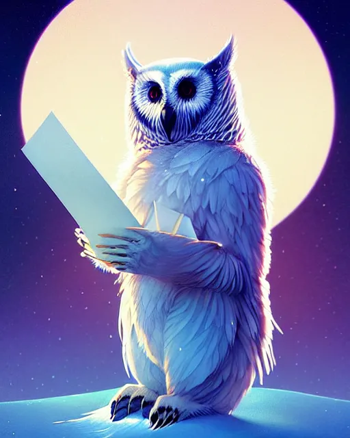 Prompt: beautiful polar owl holding a letter, by artgerm, victo ngai, ryohei hase, artstation, highly detailed digital painting, smooth, global illumination, fantasy art by greg rutkowsky, karl spitzweg, leyendecker