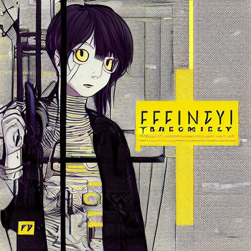 Image similar to Frequency indie album cover, luxury advertisement, yellow filter, white and gray colors. Clean and detailed post-cyberpunk sci-fi close-up schoolgirl in asian city in style of cytus and deemo, blue flame, relaxing, calm and mysterious vibes, by Tsutomu Nihei, by Yoshitoshi ABe, by Ilya Kuvshinov, by Greg Tocchini, nier:automata, set in half-life 2, Matrix, GITS, Blade Runner, Neotokyo Source, Syndicate(2012), dynamic composition, beautiful with eerie vibes, very inspirational, very stylish, with gradients, surrealistic, dystopia, postapocalyptic vibes, depth of field, mist, rich cinematic atmosphere, perfect digital art, mystical journey in strange world, beautiful dramatic dark moody tones and studio lighting, shadows, bastion game, arthouse