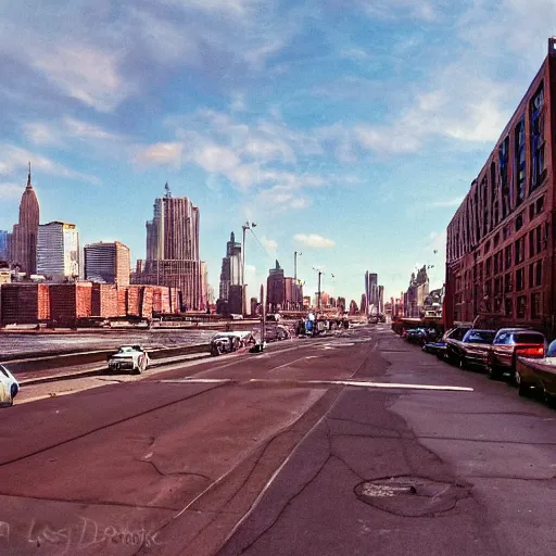 Image similar to wide angle lens shot of brooklyn in the 9 0 s, 4 k, realistic, detailed, midday