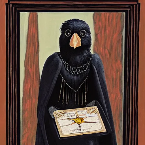 Image similar to portrait of a raven in a vantablack cloak and holding a symbolic weapon. portrait hung up in a windows 9 8 castle. r / oldschoolfantasy