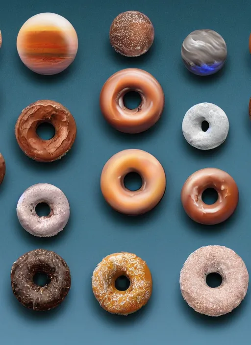 Prompt: realistic miniature of planets in the donut shape on space