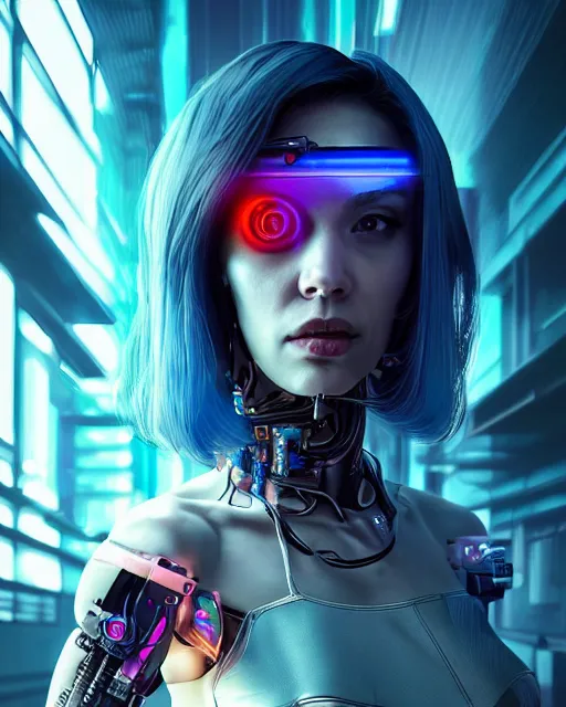 Image similar to portrait of agatha vega as a cyberpunk cyborg. sci - fi, missing panels, intricate abstract upper body intricate artwork, by tooth wu, wlop, beeple, dan mumford. concept art, octane render, deviantart, greg rutkowski, cinematic, key art, hyperrealism, iridescent accents