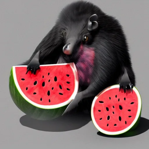 Image similar to cute kawaii realistic fruit bat eats a watermelon piece, digital art, high quality, illustration, art, detailed, 3 d render, sticker,