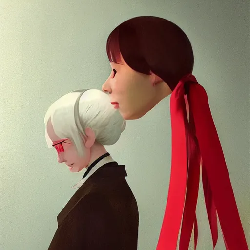 Image similar to Portrait of a japanese young lady with a long white!!!! white hair and a red ribbon, Rim Lighting, Lantern, by Sergey Kolesov