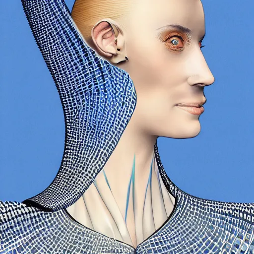 Prompt: a beautiful woman wearing a futuristic dress by alexander mcqueen, thom browne, junya watanabe, artgerm, arabian beauty, blue eyes, smile, futuristic, organic dress, pattern, concept art, fantasy