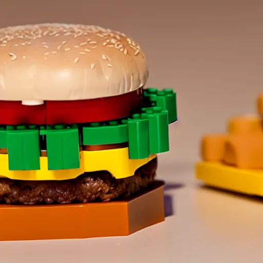 Image similar to a cheese burger made of lego, modern art