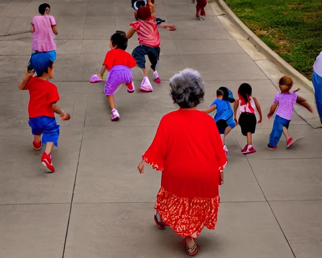 Image similar to Hispanic Granny In A Red MuMu Throwing A Slide Sandal At A Bunch Of Kids Running Away From Her, Detailed, Anime Style, Manga Style, 8K, HDR, San Antonio Texas Cityscape Sunset, HDR, volumetric lighting, Birds Eye View, Hyperrealistic-H 960