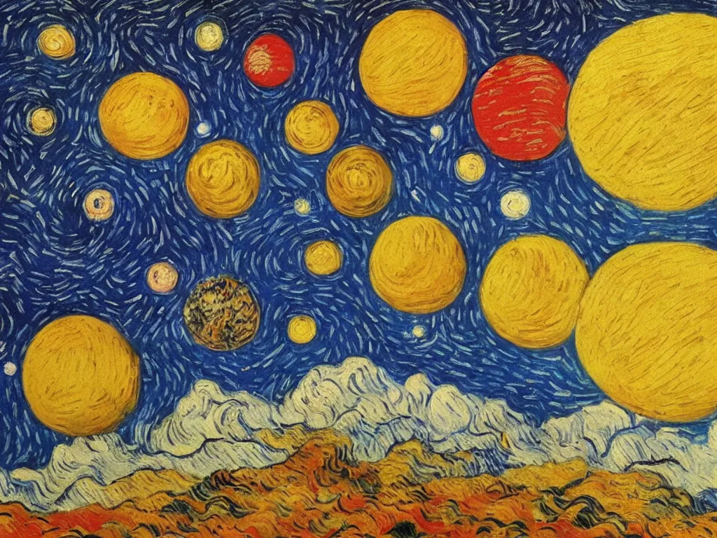 Image similar to A beautiful painting of a five planets by Gioele Muscolino and Van Gogh, There are only five planets that are black, white, yellow, red, and blue, behind the galaxy and the universe, Trending on artstation, starry sky