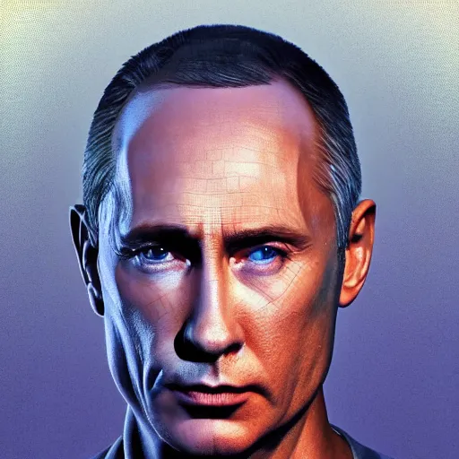 Image similar to hyperrealistic mixed media portrait of a Robot of Vladimir Putin forward angle, stunning 3d render inspired art by P. Craig Russell and Barry Windsor-Smith + perfect facial symmetry + dim volumetric lighting, 8k octane beautifully detailed render, post-processing, extremely hyperdetailed, intricate futuristic mechanic parts, epic composition, grim yet sparkling atmosphere, cinematic lighting + masterpiece, trending on artstation