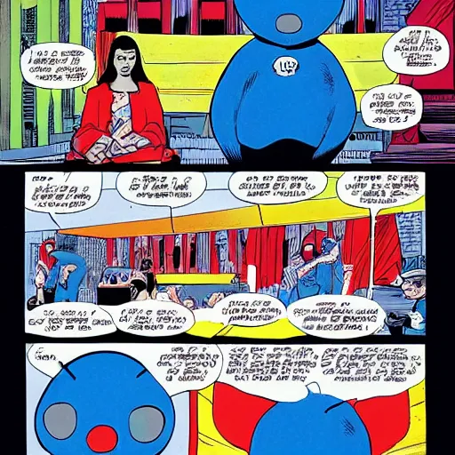 Image similar to giant blue baby baby seal goes in vietnam, comix by dave gibbons and john higgins