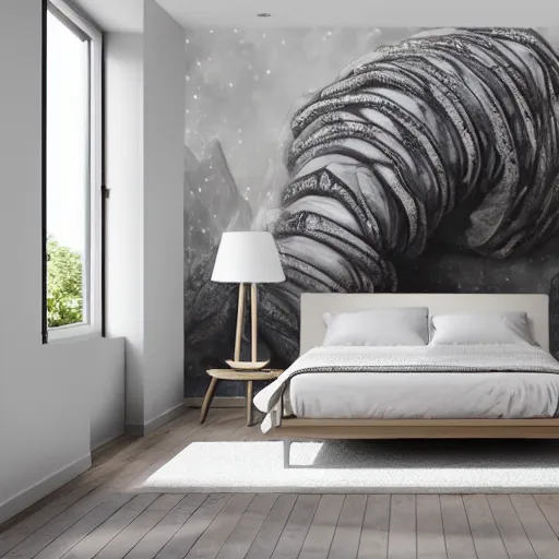 Image similar to a bedroom decorated with wall murals painted by bosch, 4 k